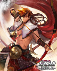 Rule 34 | 1boy, abs, armor, arrow (projectile), astarone, bow (weapon), brown hair, cape, fur collar, gradient background, historica, jerume (historica), male focus, red eyes, solo, weapon