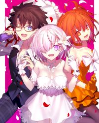 Rule 34 | 1boy, 2girls, :d, ;d, ahoge, black-framed eyewear, black legwear, black pants, bouquet, bow, breasts, brown hair, choker, cleavage, collarbone, dress, dual persona, fate/grand order, fate (series), flower, fujimaru ritsuka (female), fujimaru ritsuka (female) (starlight fest), fujimaru ritsuka (male), fujimaru ritsuka (male) (starlight fest), glasses, gloves, hair between eyes, hair flower, hair ornament, hair over one eye, highres, holding, holding bouquet, layered dress, long hair, looking at viewer, mash kyrielight, mash kyrielight (formal dress), mashima saki (mashimasa), medium breasts, multiple girls, official alternate costume, one eye closed, one side up, open clothes, open mouth, open shirt, orange dress, orange eyes, orange gloves, orange hair, pants, pantyhose, petals, pink hair, purple bow, purple eyes, red ribbon, ribbon, ribbon choker, shirt, short dress, short hair, sideboob, sleeveless, sleeveless dress, smile, striped clothes, striped dress, white bow, white dress, white flower, white gloves, white ribbon, white shirt