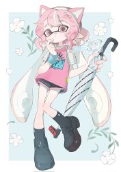 Rule 34 | 1girl, :&lt;, animal ears, ankle socks, black footwear, black shorts, black socks, blue background, blue wristband, border, bow-shaped hair, cat ears, closed mouth, closed umbrella, commission, dolphin shorts, finger to own chin, flower, full body, hairband, highres, holding, holding umbrella, inkling, inkling girl, inkling player character, jersey, long hair, nintendo, outside border, p-pepper, pink eyes, pink hair, pink trim, pointy ears, raised eyebrows, shirt, short sleeves, shorts, socks, solo, splatoon (series), standing, standing on one leg, sweatband, tentacle hair, twintails, umbrella, undercover brella (splatoon), very long hair, watermark, white border, white flower, white hairband, white shirt, wristband