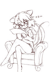 Rule 34 | 1girl, animal ears, armchair, bare legs, barefoot, bespectacled, capelet, chair, crossed legs, dress, feet, female focus, glasses, hair ornament, hairclip, jewelry, mepikari, monochrome, mouse (animal), mouse ears, mouse tail, nazrin, short hair, sitting, sketch, solo, star (symbol), tail, touhou