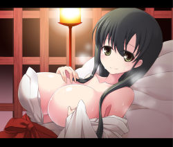 Rule 34 | 1girl, black hair, breasts, covering nipples, covering privates, female focus, green eyes, huge breasts, iwato kasumi, japanese clothes, letterboxed, long hair, looking at viewer, lying, maririn, miko, no bra, off shoulder, saki (manga), smile, solo, sweat