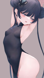 Rule 34 | 1girl, absurdres, armpits, arms up, bare hips, black dress, black hair, blue archive, breasts, china dress, chinese clothes, covered navel, cowboy shot, double bun, dress, grey background, grey eyes, hair bun, half-closed eyes, highres, kisaki (blue archive), long hair, looking at viewer, no panties, open mouth, pelvic curtain, revision, simple background, sleeveless, sleeveless dress, small breasts, solo, twintails, very long hair, wakaba (945599620)