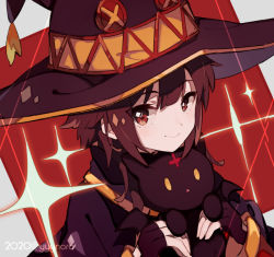 Rule 34 | 1girl, bandages, black hair, black thighhighs, blush, breasts, brown hair, cape, captain yue, cat, chomusuke, commentary request, dress, fingerless gloves, gloves, hat, kono subarashii sekai ni shukufuku wo!, looking at viewer, megumin, red dress, red eyes, short hair, smile, thighhighs, witch hat