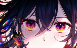 Rule 34 | 1girl, 58 (opal 00 58), black hair, bug, butterfly, close-up, commentary, crossed bangs, english commentary, eye focus, hair between eyes, highres, insect, looking at viewer, medium hair, multicolored eyes, original, purple eyes, red eyes, solo, yellow eyes