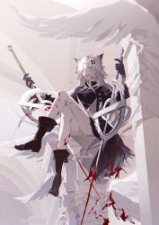 Rule 34 | 1girl, animal ears, arknights, bare legs, black coat, black footwear, black gloves, black shirt, blood, blood on clothes, blood on face, blood splatter, bloody weapon, blue eyes, boots, breasts, center opening, coat, commentary, dual wielding, full body, gloves, grin, hair ornament, hairclip, highres, holding, holding sword, holding weapon, jacket, lappland (arknights), lappland (refined horrormare) (arknights), crossed legs, long hair, looking at viewer, medium breasts, messy hair, official alternate costume, open clothes, open coat, pillar, satsuya, scar, scar across eye, scar on face, shirt, silver hair, simple background, sitting, smile, solo, sword, symbol-only commentary, tail, teeth, thighs, weapon, white background, white jacket, wolf ears, wolf tail