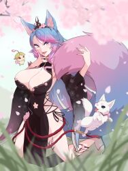 Rule 34 | 1girl, absurdres, animal ear fluff, animal ears, black kimono, black sleeves, blue eyes, blue hair, blue nails, blue tail, breasts, cherry blossom print, cherry blossoms, cleavage, cleavage cutout, clothing cutout, detached sleeves, floral print, gradient hair, gradient tail, highres, hip vent, holding, holding own tail, indie virtual youtuber, japanese clothes, kimono, large breasts, long hair, looking at viewer, multicolored hair, multicolored tail, nail polish, navel cutout, pink hair, pink tail, sidelocks, silvervale, silvervale (sakura goddess), smile, swept bangs, tail, ume emaru, virtual youtuber, wolf ears, wolf girl, wolf tail
