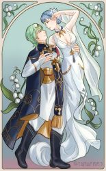 Rule 34 | 1boy, 1girl, artist name, blue hair, braid, breasts, brown eyes, byleth (fire emblem), byleth (male) (fire emblem), cape, cleavage, crown braid, dress, fire emblem, fire emblem: three houses, flower, from side, full body, green eyes, green hair, hair flower, hair ornament, highres, husband and wife, jewelry, large breasts, lifting person, long dress, looking at another, marianne von edmund, matching hair/eyes, necklace, nintendo, parted lips, short hair, signature, simple background, smile, standing, tamafry, white dress
