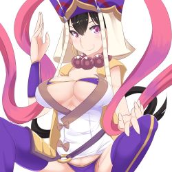 Rule 34 | 1girl, black hair, breasts, earrings, covered erect nipples, fate/grand order, fate (series), jewelry, katuhata, large breasts, long hair, pink eyes, simple background, smile, solo, white background, xuangzang sanzang (fate)