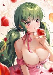 Rule 34 | 1girl, arm strap, bare shoulders, blush, bosack, breasts, cleavage, collarbone, dress, eyebrows hidden by hair, food, from above, fruit, green hair, hair behind ear, holding, holding food, holding fruit, large breasts, long hair, looking at viewer, looking up, neck ribbon, open mouth, original, peach, pink dress, pink ribbon, ribbon, solo, twintails