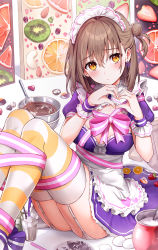 Rule 34 | 1girl, ass, blush, breasts, brown eyes, brown hair, chocolate, citron, commentary request, dress, egg, food, fruit, glass, hair bun, heart, highres, kiwi (fruit), kiwi slice, large breasts, lemon, looking at viewer, maid, maid headdress, original, puffy short sleeves, puffy sleeves, purple dress, rangu, short hair, short sleeves, single hair bun, solo, strawberry, thighhighs, white thighhighs, yellow thighhighs