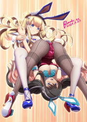 Rule 34 | 2girls, absurdres, adapted costume, animal ears, ass, bare shoulders, black hair, black pantyhose, blonde hair, blue leotard, blush, breasts, cleavage, dated, detached collar, double bun, fake animal ears, fishnet pantyhose, fishnets, fletcher (kancolle), hair bun, high heels, highres, kantai collection, kinnikuman, large breasts, leotard, long hair, looking at viewer, moke ro, multicolored hair, multiple girls, naganami (kancolle), open mouth, pantyhose, pink hair, pink leotard, playboy bunny, purple eyes, rabbit ears, signature, submission hold, two-tone hair, upside-down, wavy hair, white pantyhose, wrestling, yellow eyes
