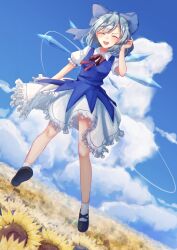 Rule 34 | 1girl, blue sky, bo cota, cirno, closed eyes, cloud, cloudy sky, day, flower, flying, garden of the sun, highres, light, looking at viewer, open mouth, outdoors, scenery, sky, smile, solo, sunflower, touhou