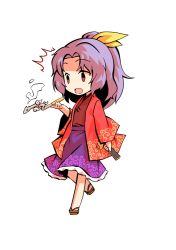 Rule 34 | 1girl, brown footwear, chibi, dairi, hair ribbon, hand fan, hand up, holding, holding fan, japanese clothes, kimono, komakusa sannyo, long sleeves, medium hair, multicolored clothes, open mouth, ponytail, purple hair, red eyes, red sleeves, ribbon, simple background, solo, standing, surprised, tachi-e, touhou, transparent background, yellow ribbon