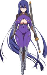 Rule 34 | 1girl, :&gt;, absurdly long hair, akiyama rinko, artist request, blue hair, bodysuit, breasts, cleavage cutout, clothing cutout, collaboration, full body, holding, holding weapon, large breasts, lilith-soft, long hair, mist train girls, official art, purple eyes, shiny clothes, shiny skin, smile, solo, standing, taimanin (series), taimanin suit, taimanin yukikaze, transparent background, very long hair, weapon, wide hips