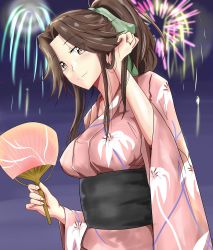 Rule 34 | 1girl, alternate costume, brown eyes, brown hair, commentary request, cowboy shot, fireworks, floral print, hair intakes, half updo, hand fan, highres, jintsuu (kancolle), kantai collection, ken (shutenndouji1), long hair, looking at viewer, night, paper fan, solo, uchiwa