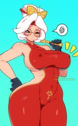Rule 34 | 1girl, backless bodysuit, backless outfit, bodysuit, breasts, confused, covered erect nipples, glasses, hair ornament, hair stick, highres, large breasts, looking at viewer, lunaexhibitix, nintendo, purah, red-framed eyewear, red bodysuit, red eyes, round eyewear, sheikah, short hair, simple background, the legend of zelda, the legend of zelda: tears of the kingdom, thick thighs, thighs, white hair