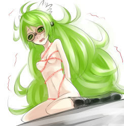 Rule 34 | 1girl, ahoge, alchemic magician, bdsm, big hair, bondage, boots, bound, breasts, duel monster, dutch angle, goggles, green hair, long hair, medium breasts, rope, simple background, sitting, solo, sukumo (kemutai), very long hair, wariza, white background, yu-gi-oh!, yu-gi-oh! duel monsters