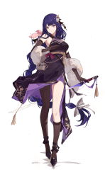 Rule 34 | 1girl, absurdres, alternate costume, bare shoulders, black dress, black thighhighs, braid, breasts, cleavage, dress, full body, genshin impact, hair ornament, highres, holding, holding weapon, japanese clothes, long hair, looking at viewer, low-braided long hair, low-tied long hair, neck, purple eyes, purple hair, raiden shogun, solo, thighhighs, very long hair, weapon, white background, yajuu