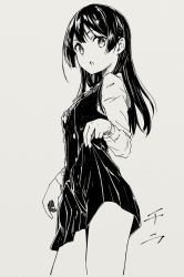 Rule 34 | 1girl, bad id, bad twitter id, black hair, greyscale, highres, hiwatari rin, long hair, looking at viewer, monochrome, open mouth, pleated skirt, school uniform, skirt, skirt hold, solo, traditional media