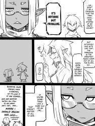 Rule 34 | 3girls, comic, elf, english text, closed eyes, fire, glasses, greyscale, hard-translated, jin (mugenjin), monochrome, multiple girls, orc, original, pointy ears, sweatdrop, third-party edit, translated