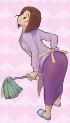 Rule 34 | 1girl, apron, ass, bent over, breasts, brown eyes, dress, duster, hand on own hip, happy, hip focus, housewife, leaning forward, looking at viewer, looking back, medarot, mature female, ramb chop, sandals, skirt, slippers, smile, solo, standing, tenryou chidori