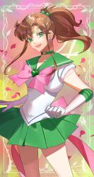 1girl :d back_bow bishoujo_senshi_sailor_moon border bow breasts brooch brown_hair choker circlet clenched_hand collarbone commentary cowboy_shot curtained_hair earrings elbow_gloves floating_hair floral_border flower_earrings gloves gold_circlet green_choker green_eyes green_sailor_collar green_skirt head_tilt heart heart_brooch high_ponytail highres jewelry kino_makoto leotard long_hair long_sidelocks looking_at_viewer medium_breasts miniskirt multicolored_background n-bata open_mouth outside_border petals pink_bow pleated_skirt ponytail sailor_collar sailor_jupiter sailor_senshi_uniform skirt smile solo standing star_(symbol) star_choker symbol-only_commentary white_border white_gloves white_leotard