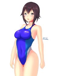 Rule 34 | 1girl, black hair, blue one-piece swimsuit, breasts, competition swimsuit, cowboy shot, dated, hayasui (kancolle), highleg, highleg swimsuit, highres, kantai collection, looking at viewer, medium breasts, montemasa, one-hour drawing challenge, one-piece swimsuit, short hair, grey eyes, simple background, smile, solo, swimsuit, twitter username, white background