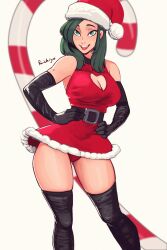 Rule 34 | 1girl, absurdres, bare shoulders, belt, breasts, candy, christmas, cleavage, cleavage cutout, clothing cutout, cosplay, dress, food, green eyes, green hair, grin, hand on own hip, hat, heart cutout, highres, large breasts, legs, long hair, looking at viewer, open mouth, original, panties, raichiyo33, red panties, santa dress, santa hat, smile, solo, standing, thigh gap, thighs, underwear, upskirt
