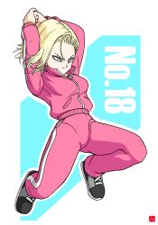 Rule 34 | 1girl, absurdres, android 18, blonde hair, blue eyes, breasts, character name, chris re5, clenched hand, dragon ball, dragonball z, frown, full body, high-waist pants, highres, jacket, medium breasts, outline, pants, shoes, signature, sneakers, solo, track jacket, track pants