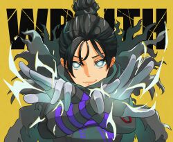 Rule 34 | 1girl, absurdres, animification, apex legends, black bodysuit, black gloves, black hair, bodysuit, character name, crossed arms, gloves, glowing, glowing eyes, grey eyes, hair behind ear, hair bun, highres, looking at viewer, open hands, portrait, sai s ai, single hair bun, smirk, smug, solo, wraith (apex legends), yellow background