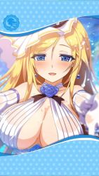 Rule 34 | 1girl, artist request, blonde hair, blue eyes, blue flower, blue rose, blush, breasts, caladbolg (phantom of the kill), cleavage, earrings, elbow gloves, flower, gloves, highres, huge breasts, jewelry, looking at viewer, official art, open mouth, phantom of the kill, rose, smile, swimsuit, wet, wet clothes