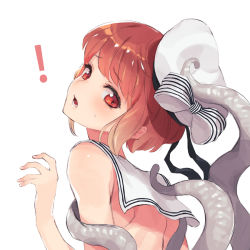 Rule 34 | !, 10s, 1girl, bacius, blush, bow, brown hair, enemy naval mine (kancolle), hat, hat bow, kantai collection, looking back, open mouth, red eyes, sailor collar, sailor hat, short hair, simple background, solo, tentacles, upper body, white background, z3 max schultz (kancolle)