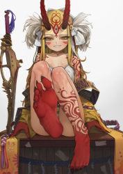 Rule 34 | 1girl, bare shoulders, barefoot, blonde hair, claws, fang, fate/grand order, fate (series), feet, female focus, fingernails, foot focus, grin, horns, ibaraki douji (fate), japanese clothes, kimono, long hair, off shoulder, oni, oni horns, panties, rabbit (wlsdnjs950), sharp fingernails, sharp toenails, short kimono, simple background, sitting, smile, soles, solo, sword, toenails, toes, underwear, weapon, wide sleeves, yellow eyes, yellow kimono