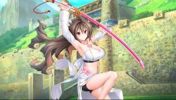Rule 34 | 1girl, armpits, arms up, asahi, breasts, brown hair, dress, flower, hand up, huge breasts, long hair, looking at viewer, official art, red eyes, rina (taimanin asagi), smile, solo, standing, standing on one leg, stomach, sword, taimanin (series), thighs, weapon, white dress