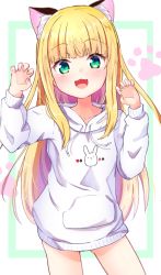 Rule 34 | 1girl, :d, animal ear fluff, animal ears, baram, blonde hair, blunt bangs, cat ears, claw pose, collarbone, commentary request, drawstring, fang, green background, green eyes, hands up, highres, hood, hood down, hoodie, long hair, looking at viewer, mononobe alice, multicolored hair, nail polish, nijisanji, open mouth, pink nails, purple hair, smile, solo, two-tone background, two-tone hair, very long hair, virtual youtuber, white background, white hoodie