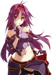 Rule 34 | 1girl, antenna hair, armor, black gloves, breastplate, clothes lift, cowboy shot, detached sleeves, finger to mouth, fingerless gloves, gloves, hairband, highres, lifted by self, long hair, looking at viewer, midriff, navel, parted bangs, pointy ears, purple armor, purple hair, red eyes, red hairband, shikei, simple background, skirt, skirt lift, smile, solo, sword art online, thighs, white background, yuuki (sao)