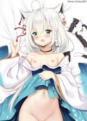 Rule 34 | 1girl, ahoge, animal, animal ear fluff, animal ears, artist name, bare shoulders, bed sheet, bell, black choker, blush, braid, cat, chintora0201, choker, clothes lift, collarbone, commentary, earrings, fang, fox ears, groin, hololive, japanese clothes, jewelry, kimono, long hair, looking at viewer, lying, navel, nipples, off shoulder, open mouth, out-of-frame censoring, sheet grab, shirakami fubuki, shirakami fubuki (new year), side braid, single earring, skin fang, solo, tail, virtual youtuber, white hair