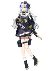 Rule 34 | 1girl, absurdres, ankle boots, assault rifle, badge, bike shorts, black coat, black footwear, black ribbon, black shorts, blue dress, blue hat, blush, boots, carrying, coat, commentary, dress, facial mark, frown, full body, girls&#039; frontline, gloves, green eyes, gun, h&amp;k hk416, hair ornament, hair ribbon, hat, highres, hk416 (girls&#039; frontline), hk416 (mod3) (girls&#039; frontline), holding, holding gun, holding weapon, id card, koenza botoke, long hair, long sleeves, looking at viewer, mini hat, mod3 (girls&#039; frontline), name connection, no socks, object on head, open mouth, panties, panties on head, pouch, ribbon, rifle, short dress, shorts, silver hair, solo, standing, standing on one leg, teardrop, thigh pouch, thigh strap, trigger discipline, underwear, weapon, white gloves