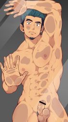 Rule 34 | 1boy, abs, against glass, bacchikoi!, bara, censored, completely nude, dark-skinned male, dark skin, facial hair, flaccid, foreskin, forked eyebrows, hand on glass, highres, male focus, mazjojo, muscular, nipples, nude, pectoral press, pectorals, pectorals on glass, penis, solo, tadano genji, testicles, thighs