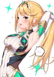 Rule 34 | 1girl, absurdres, alternate hairstyle, armor, armpits, arms behind back, blonde hair, blush, breasts, chest jewel, dress, elbow gloves, flying sweatdrops, gloves, highres, large breasts, looking at viewer, mythra (massive melee) (xenoblade), mythra (xenoblade), open mouth, ponytail, short dress, solo, swept bangs, tiara, umihal, upper body, white background, white dress, white gloves, xenoblade chronicles (series), xenoblade chronicles 2, yellow eyes