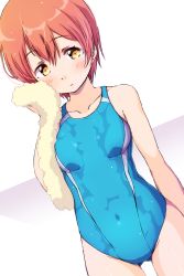 Rule 34 | 1girl, blue one-piece swimsuit, blush, breasts, collarbone, drying, dutch angle, gluteal fold, highres, holding, holding towel, hoshizora rin, looking at viewer, love live!, love live! school idol project, one-piece swimsuit, orange hair, sen (sen0910), short hair, small breasts, solo, swimsuit, towel, wet, wet clothes, wet swimsuit, yellow eyes