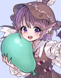 Rule 34 | 1girl, ama-tou, animal ears, balloon, bird ears, bird wings, blush, brown dress, brown hat, dress, earrings, fingernails, frilled sleeves, frills, green nails, grey background, hat, highres, holding, holding balloon, jewelry, long fingernails, long sleeves, mystia lorelei, nail polish, open mouth, pink eyes, pink hair, short hair, simple background, single earring, sleeve garter, smile, solo, touhou, upper body, white wings, winged hat, wings