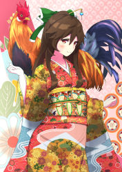Rule 34 | 1girl, bird, blush, bow, brown hair, chicken, chinese zodiac, cowboy shot, floral print, furisode, green bow, hair between eyes, hair bow, hair ornament, hair stick, highres, japanese clothes, kimono, long hair, looking at viewer, multicolored clothes, multicolored kimono, new year, no wings, obi, red eyes, reiuji utsuho, rooster, sash, sidelocks, smile, solo, tiny taiga, touhou, unmoving pattern, wide sleeves, year of the rooster