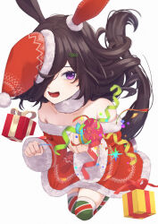 Rule 34 | 1girl, absurdres, black hair, christmas, confetti, dress, ear covers, fur-trimmed dress, fur-trimmed headwear, fur choker, fur trim, gift, hair over one eye, hat, highres, holding, holding party popper, horse girl, horse tail, inui (inuiw ), long hair, looking at viewer, party popper, purple eyes, red dress, red hat, rice shower (umamusume), santa costume, santa dress, santa hat, simple background, single ear cover, solo, strapless, strapless dress, streamers, tail, thighhighs, tilted headwear, umamusume, white background