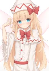 Rule 34 | 1girl, absurdres, blonde hair, blue eyes, blush, buttons, capelet, center frills, closed mouth, dress, fairy, fairy wings, frilled sleeves, frills, gaden19, hat, highres, lily white, long hair, simple background, solo, touhou, upper body, white background, white capelet, white dress, white hat, wide sleeves, wings