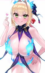 Rule 34 | 1girl, :q, ahoge, bare shoulders, between breasts, blonde hair, blue fire, blush, braid, breasts, closed mouth, commentary request, cosplay, cowboy shot, earrings, fate/extra, fate/grand order, fate (series), finger heart, fire, flower, french braid, green eyes, hair between eyes, hair bun, hair flower, hair intakes, hair ornament, hair ribbon, hand on own hip, heart, highres, jewelry, kama (fate), kama (swimsuit avenger) (fate), kama (swimsuit avenger) (fate) (cosplay), kama (swimsuit avenger) (third ascension) (fate), large breasts, leaning forward, licking lips, looking at viewer, lotus, nero claudius (fate), nero claudius (fate) (all), nero claudius (fate/extra), red ribbon, revealing clothes, ribbon, short hair, simple background, single hair bun, smile, solo, standing, star (symbol), star earrings, tongue, tongue out, twitter username, v-shaped eyebrows, white background, yayoi maka