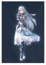 Rule 34 | 1girl, absurdres, armor, armored boots, armored dress, black background, blouse, boots, breasts, crossed bangs, dress, faulds, full body, glenwys (king&#039;s raid), gloves, hair between eyes, highres, king&#039;s raid, light smile, long hair, looking at viewer, medium breasts, orange eyes, parted lips, shirt, silver hair, smile, solo, standing, very long hair, vladislav ton, white shirt