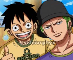 Rule 34 | 2boys, alternate costume, black hair, black headwear, closed mouth, earrings, facial scar, green hair, hat, jewelry, looking at viewer, monkey d. luffy, multiple boys, one piece, one piece (live action), open mouth, roronoa zoro, scar, scar on cheek, scar on face, short hair, sidmurphyx, single earring, smile, teeth, thumbs up, watermark