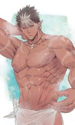 Rule 34 | 1boy, abs, arm tattoo, bara, beard, brown hair, dark-skinned male, dark skin, facial hair, highres, jewelry, lamapacosss, large pectorals, long sideburns, looking at viewer, male focus, muscular, navel, necklace, nipples, one eye closed, pectorals, pointy ears, sideburns, solo, spiked hair, steam, stomach tattoo, tangaroa (housamo), tattoo, tokyo houkago summoners, topless male, upper body, white hair, yellow eyes