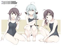 Rule 34 | 3girls, ahoge, asymmetrical bangs, barefoot, black hair, black one-piece swimsuit, black ribbon, braid, breasts, brown eyes, character name, commentary request, competition school swimsuit, fujinami (kancolle), full body, gradient hair, grey hair, hair over eyes, hair ribbon, hamanami (kancolle), hayanami (kancolle), indian style, kantai collection, long hair, looking at viewer, medium breasts, multicolored hair, multiple girls, one-piece swimsuit, open mouth, ponytail, ribbon, school swimsuit, shigino sohuzi, short hair, side ponytail, sidelocks, single braid, sitting, small breasts, smile, squatting, swimsuit, white ribbon, yellow eyes, yokozuwari